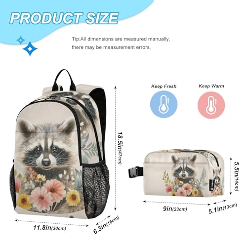 Raccoon Flowers Cute Backpack for School Boys Girls and Teens, Backpack for Men and Women, Lightweight Bookbag with Lunch Box Travel Laptop Daypack 18.5 x 11.8 In4