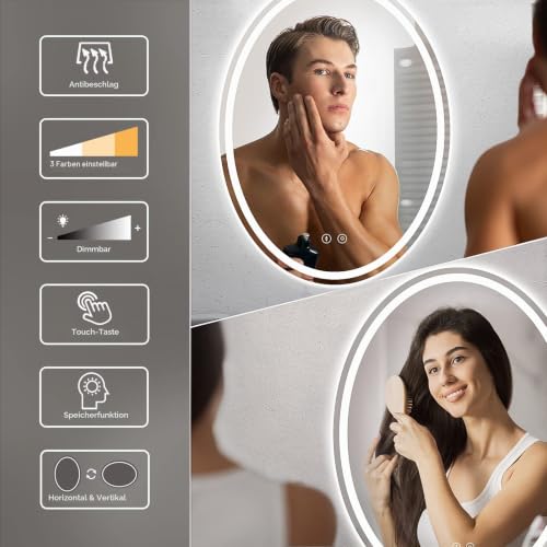 Dripex Badezimmerspiegel mit Beleuchtung Led Badspiegel mit Touch-Schalter, Dimmbar, 3 Lichtfarbe Einstellbare, Beschlagfrei Oval 50 x 70 cm – Ansicht 4