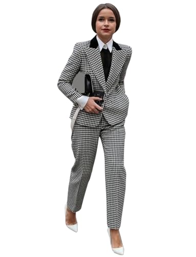 Women's Houndstooth 2 Pieces Suit One Button Jacket and Pants Business Office Lady