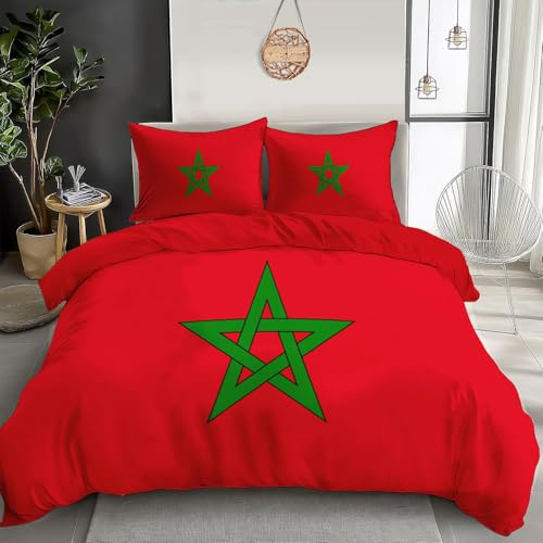 GSAEIMCT Parure De Lit Adulte,Housse De Couette Drapeau du Maroc Rouge Taies d'oreiller Microfibre Douce 140X200Cm Décoration De Chambre Ensemble De Literie 3...