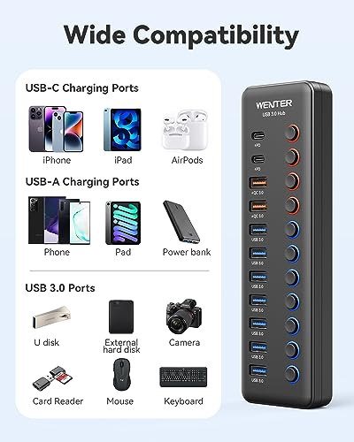 Hub USB 3.0 avec alimentation répartiteur multi-port 48W pour transfert rapide - 6