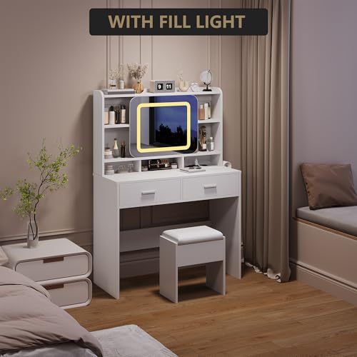 Image of Vanity Desk with Sliding Mirror, Modern Makeup Vanity with Charging Station, 2 Drawer and Soft Cushioned Stool, 3 Lighting Modes Adjustable Dressing Table for Bedroom, Makeup Studio, White