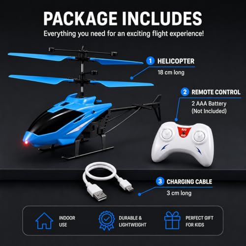 Image of KIDZYMON RC Helicopter with Hand Gravity Sensor, Flying Remote Control Helicopter Toy, Chargeble, 3D Light & Safety Sensor for Kids Age 4+ Years I Pack of 1 (Blue Colour Heli)