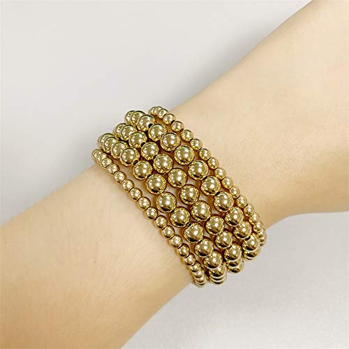 5 Pcs Beaded Stackable Bracelets Set Brass Bead Ball Chain Elastic Bracelets Gold/Silver Stretch Bracelets Stretchable Bangles Friendship Couple Simple Delecate Jewelry for Women Men3