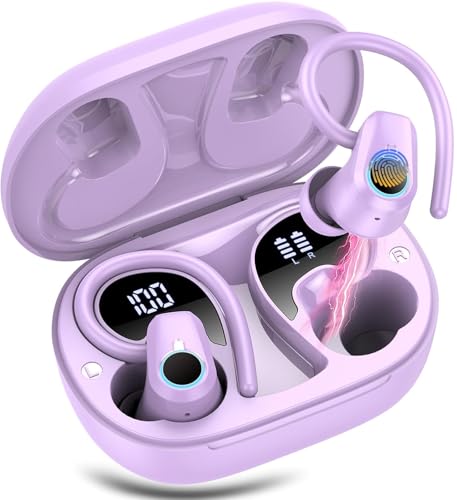 Wireless Earbuds, Bluetooth 5.4 Headphones Sport with 4 ENC Noise Cancelling Mic, 3D Stereo in Ear buds, 50H Wireless Earphones with Earhooks USB-C, IP7 Waterproof Bluetooth Earbuds for Running, Lilac