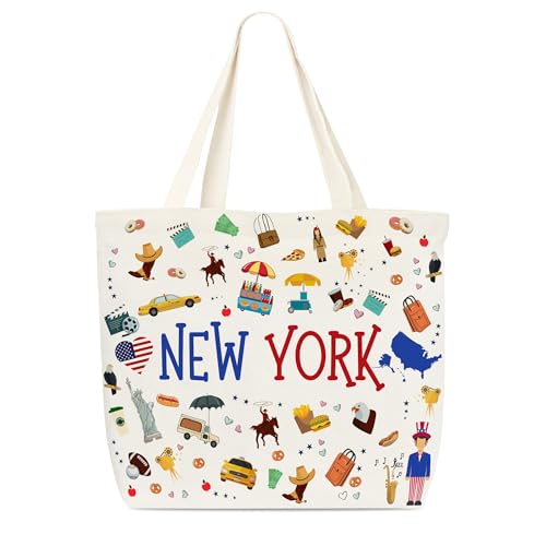 Dr.Baner Sacola de lona de Nova York, bolsa de compras reutilizável com tema de ícone e comida de Nova York, sacola vintage da cidade, presentes de lembrança de Nova York para mulheres, amigas e