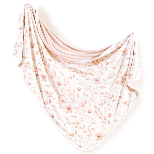 Image of GRSSDER Super Soft Jersey Knit Swaddle Blanket for Baby Girls, Double Layer Reversible Receiving Blanket 34 x 44 Extra Large for Baby Swaddling, Pink Flora