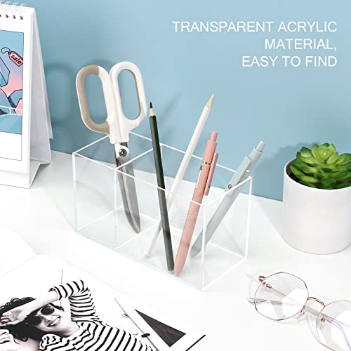 Uquelic Acrylic Pen Pencil Holder, 2 Compartments Clear Pen Pot - Image 2