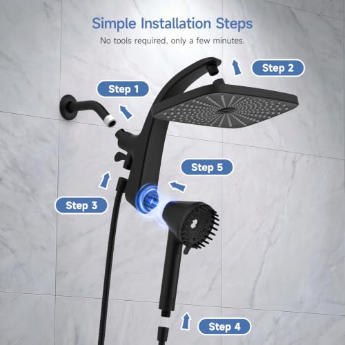 Image of Shower Head with Handheld - High Pressure Filtered Hand Held Showerheads | 12 inch Rainfall Shower Heads, Built-in Magnetic Docking, Wash Jet, Replaceable Filters, Stainless Steel Shower Hose, Black