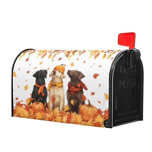 Image of Fall Dog Mailbox Cover Magnetic Large Size Autumn Themed Pumpkins Maple Leaves Puppy Print Mailbox Wrap Letter Post Cover 25.5x21Inch for Garden Yard Outside Outdoor Seasonal Decor