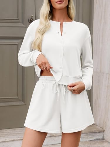Tankaneo Womens 2 Piece Outfits Sweatsuit Button Down Tops and Shorts Casual Matching Lounge Set Travel Tracksuit2