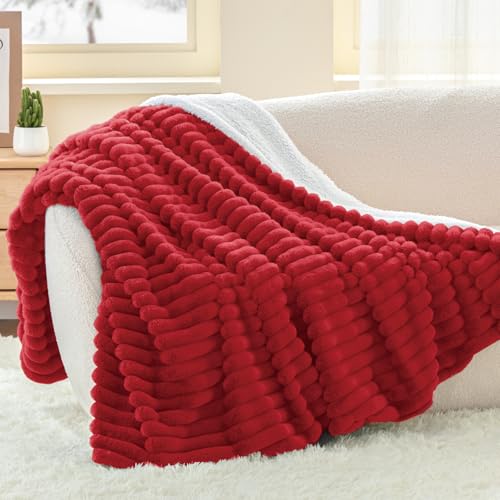 INFIIXSO Striped Sherpa Throw Blanket for Couch, Warm Plush, Red, 50x60