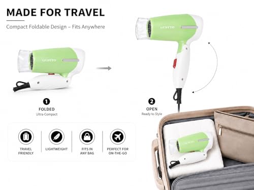 Image of GUSTTO Foldable Hair Dryer 1100W | Compact Travel-Friendly Hair Dryer with Foldable Handle, Hanging Ring, 2 Heat & Speed Settings, Narrow Concentrator, Lightweight & Portable (Lush Green), BIS Certified