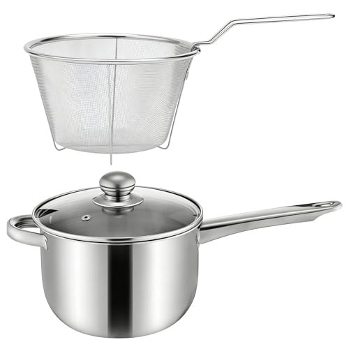 Poêle à Frites avec Panier et Couvercle, Friteuse en Acier Inoxydable avec Poignée Auxiliaire, pour Frites Et Aliments Frits, Pour À Induction, Cuisinière...