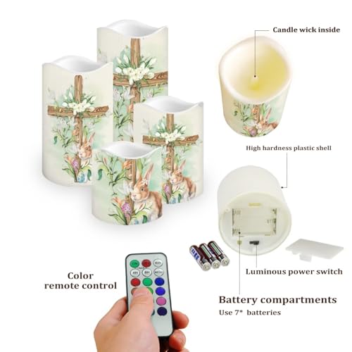 Image of Easter Bunny and Ccoss Plastic Flameless Candles with Remote Control and Timer LED Flickering Battery Electric Pillar Candles for Table Easter Decoration