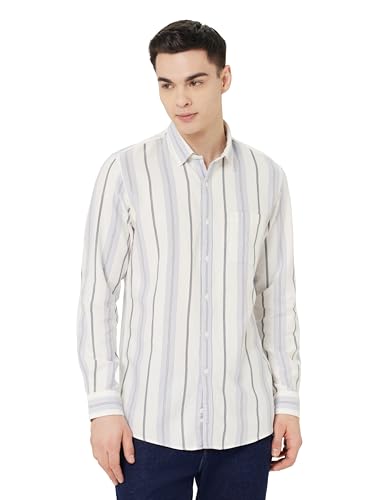 Image of Peter England Men's Linen Blend Shirt | Subtle Stripes | Full Sleeves