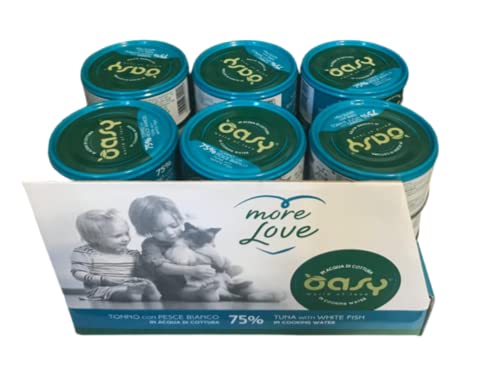 Oasy More Love - Comida húmeda natural para gatos adultos, sabor atún con pescado blanco, paquete de 24 cajas (1 lata = 70 gr.) Formulado sin gluten