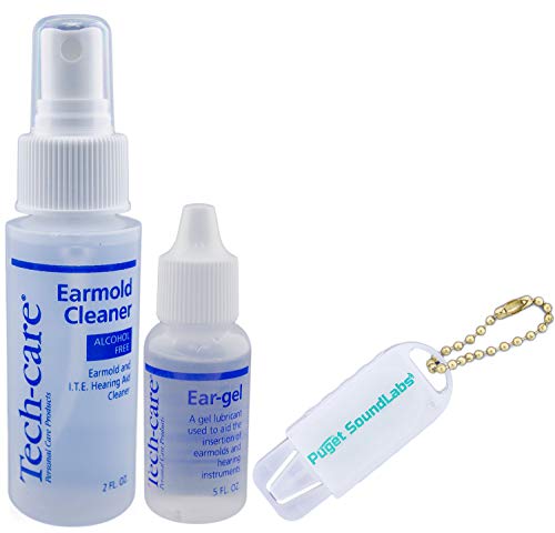 Tech-Care Earmold ITE Hearing Aid Cleaner 2 oz, Ear Gel Lubricant for Itchy Irritated Ears .5 oz, Bonus Battery Caddy