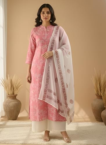 Image of Yash Gallery Women's Pure Cotton White Floral Rubber Print A-line Kurta Pant Set with Dupatta with Fancy Front Buttons, One Side Functional Pocket