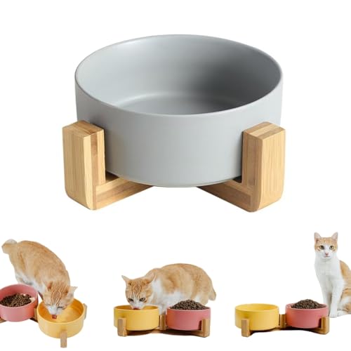 BFGQFAN セラミックペットボウル 猫犬兼用滑り止め食器 取り外し可能木製スタンド 転倒防止安定ベース ペット早食い防止皿 中型犬子犬対応 陶器ペット用品 清潔にしやすい マルチカラー選択 (グレー(シングルボウル),15.5cm(850ml))