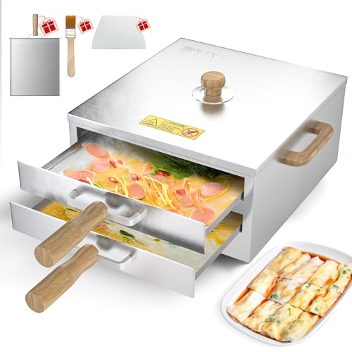 PYY Rice Noodle Roll Steamer Machine - 2 Layers 3 Trays Chinese Cantonese Cheung Fun Changfen Maker Cooker for Commercial and Home Kitchen with Extra Stainless Steel Steam Tray and Wooden Handle