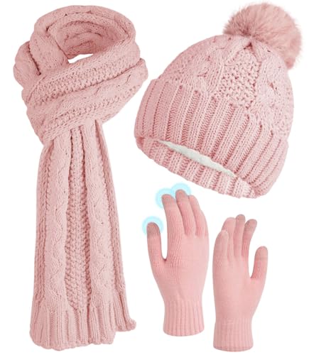 ILovDaisy Ensemble bonnet, écharpe et gants pour femme hiver, bonnet d'hiver tricoté avec pompon, gants d'hiver thermo tactiles, écharpe chaude et douillette ensemble d'hiver, Rose, taille unique