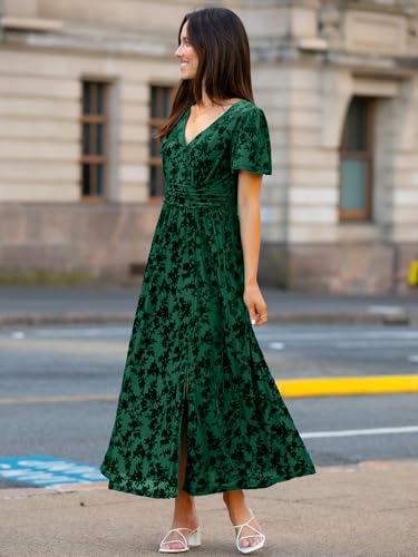 Image of Simplee Women's Velvet Maxi Dress V Neck Short Sleeve Empire Waist Semi Formal Long Cocktail Dresses