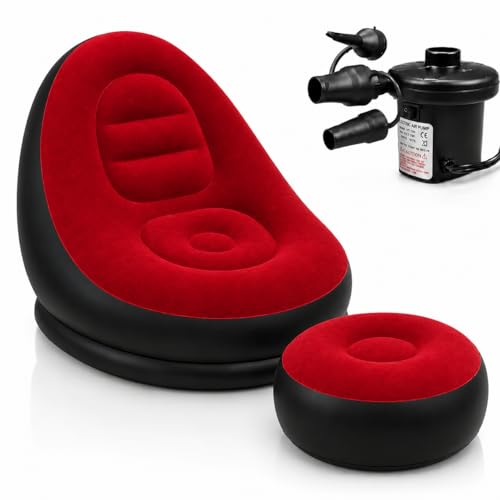 Image of Inflatable Air Sofa Chair with Ottoman & Automatic Electric Pump, Portable Flocked Blow Up Lounge Chair for Living Room, Bedroom, Camping & Outdoor Use (Red)