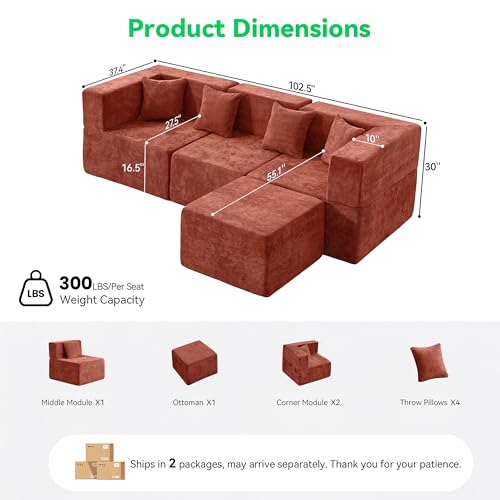Image of MONVANE 103'' Oversized Boneless Sectional Couches for Living Room, 4-Seat L Shaped Cloud Couch, Modular Sofa with Ottoman & 4 Throw Pillows, Comfy Chenille, No Assembly Required, Red