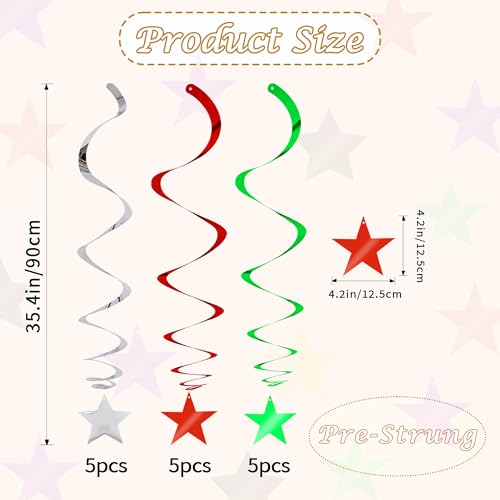 Image of BEISHIDA Red Green Silver Star Hanging Swirl Christmas Decorations Ceiling Hanging Party Supplies for Christmas Birthday Wedding Decorations, Pack of 15
