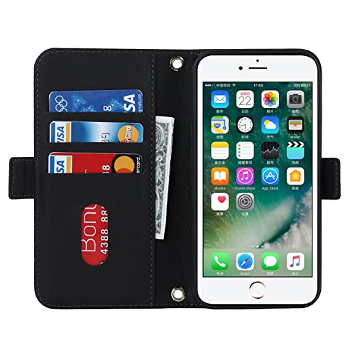 Image of Crossbody Wallet for iPhone 7 Plus /iPhone 8 Plus Case with Adjustable Lanyard Strap Credit Card Holder 5.5 inch,PU Leather Handbag Purse Kickstand Make Up Mirror Cover Case for Men Women Girl,Black