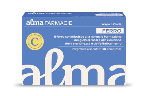 Ferro Alma Farmacie, Riduce la Stanchezza e Contribuisce alla Funzione dei Globuli Rossi, Alta Concentrazione, con Vitamina C, Integratore 30 Compresse