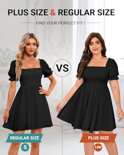 Image of Holipick Women's Casual Square Neck Smocked Dress Shirred Ruffle Puff Sleeve High Waist Cute Flowy A-Line Short Dress