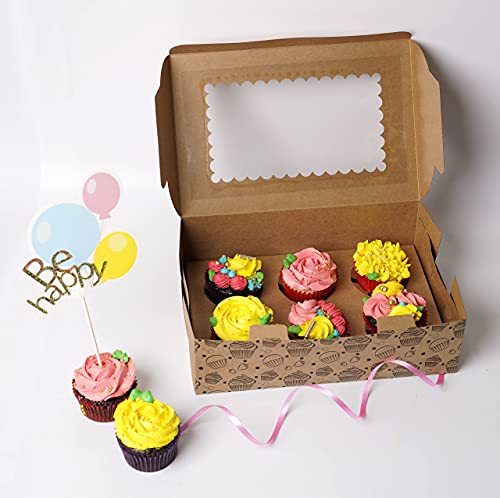 Image of mudrit Cupcake Boxes with Insert Trays, Tags and Twine, Food Grade Kraft paper Cupcake Carrier with Window (10 pcs, 6 holder)