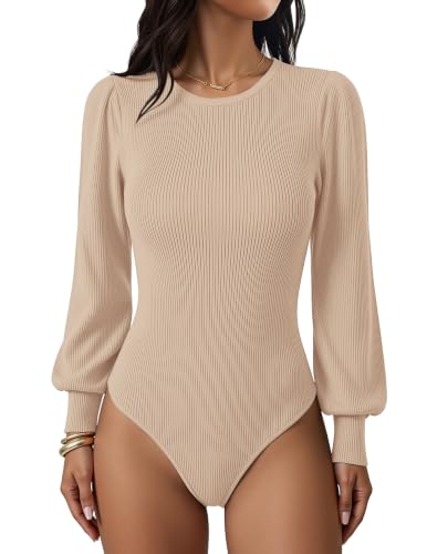 Image of Zeagoo Womens Sweaters Long Sleeve Bodysuits 2026 Fall Crewneck Puff Knit Pullover Tops