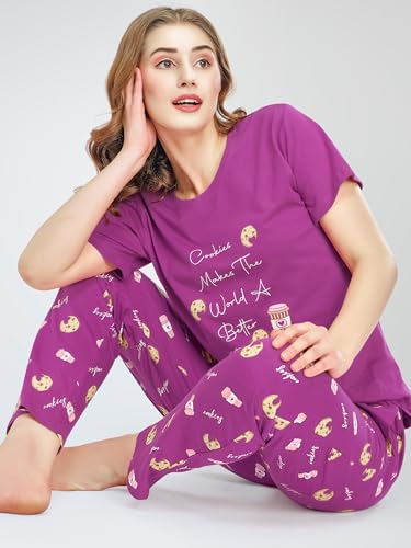 Image of ZEYO Night Suit for Women's Cookies & Cup Printed Cotton Night Dress of Top and Pajama Set 5772
