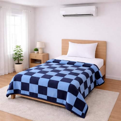 Image of Single Bed Dohar Navy & Light Blue Checkered | Lightweight Summer Quilt | Cotton AC Blanket | Breathable All Season Comforter | Skin Friendly Bed Cover