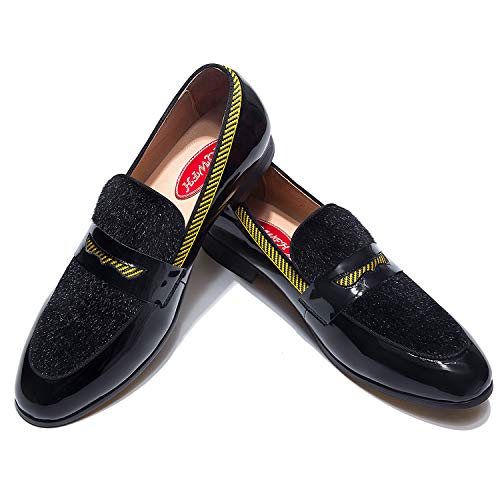 Men's Fashion Formal Leather Loafers and Wedding Dress Shoes for Men with Yellow Plaid, Penny Slip-On Smoking Luxury Men Shoes (Black) - Main Image