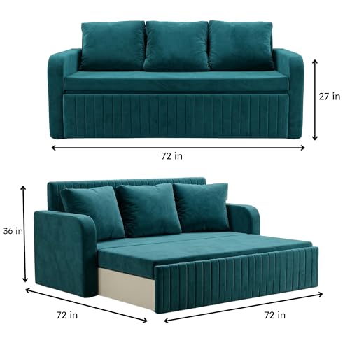 Image of Metal Frame Sofa Cum Bed with Full Cushion | Premium Velvet Fabric 3 Seater Pull-Out Sofa Bed | Space Saving Convertible Couch for Living Room | Modern Teal Color Sofa Bed 6X6 | Comfortable sleeping