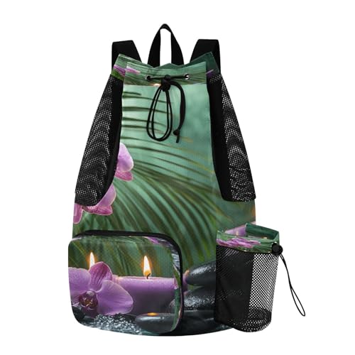 Mesh Gym Swimming Bags for Men & Women, Japanese Zen Candles Orchid Large Drawstring Backpack with Dry-Wet Pocket, Lightweight Gym Bag for Sports, Travel, Beach, Workout Gear