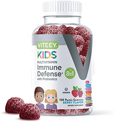 Viteey Kids Multivitamin Gummies with Probiotics – 8-1 Kids Vitamins for Immune Health Support with Vitamin C, D3, B12, B6, Zinc, Elderberry, Selenium – Vegetarian – Chewable Tasty Berry Flavored