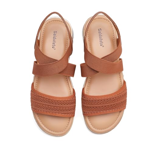 Image of Saidoteto Women's Flat Sandals,Comfortable Elastic Ankle Strap Slingback Slip-On Open Toe Low Wedge Walking Sandals for Summer & Casual