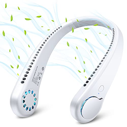Portable Neck Fan - Personal Fan, Bladeless Neck Fan Wearable USB Rechargeable 3 Speeds (White)