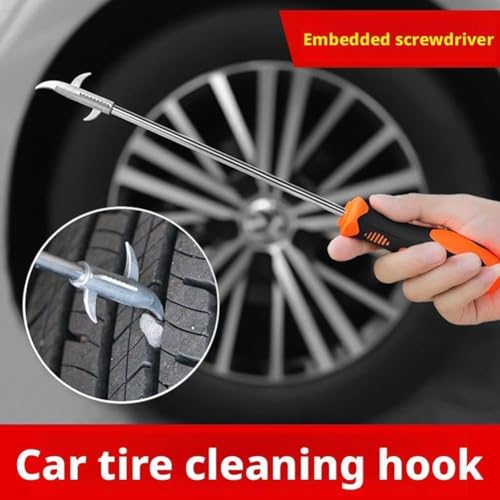 Image of 403 /Stainlees Steel Tyre Stone Remover Tool, Multipurpose Car Hook, Tire Cleaning, Tyre Stone Picker for Motor Bike Truck Car Wheel Cleaing Hook with Solid Rubber Handle (Built-in Screwdriver)