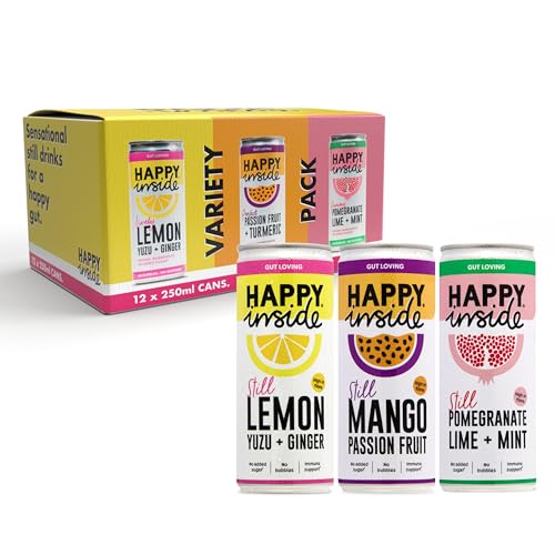 Happy Inside Gut Health Drink, Prebiotic, Natural Ingredients, No Fizz, Vegan, No Added Sugar, High Fibre, Immunity, Variety Pack of 3 Flavours, 12 Cans x 250ml