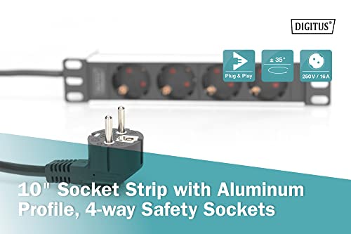 DIGITUS 4-Fach Steckdosenleiste - 1HE - 10-Zoll (254 mm) - Rack-Montage in Netzwerk-Schrank - DN-95418 - Silber/Schwarz