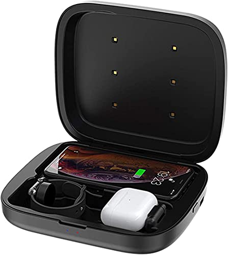HHORB 4 in 1 Kabellose Ladestation, 15 W Kabelloses Schnellladegerät, UV Phone Sanitizer Box, Für Geräte, Die Alle QI Kabellosen Ladestandards Unterstützen,Weiß,Schwarz