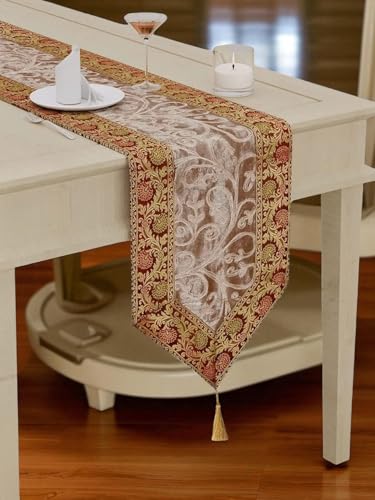 Image of Festival Decor Floral Ari Zari Embroidered Brocade Silk Premium Dining Table Runner Table Cloth Bed Runner (16x72 inches) for 6-Seater (Brown)
