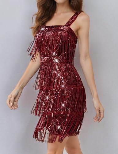 Image of Madam Uniq Women Tassel Formal Dress Strap Sequin Mini Elegant Evening Prom Party Club Dance Gown