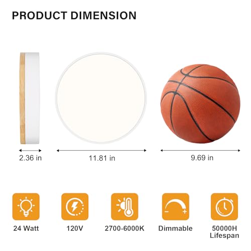 Image of Dimmable LED Wood White Round Flush Mount Ceiling Light 11.81 Inch